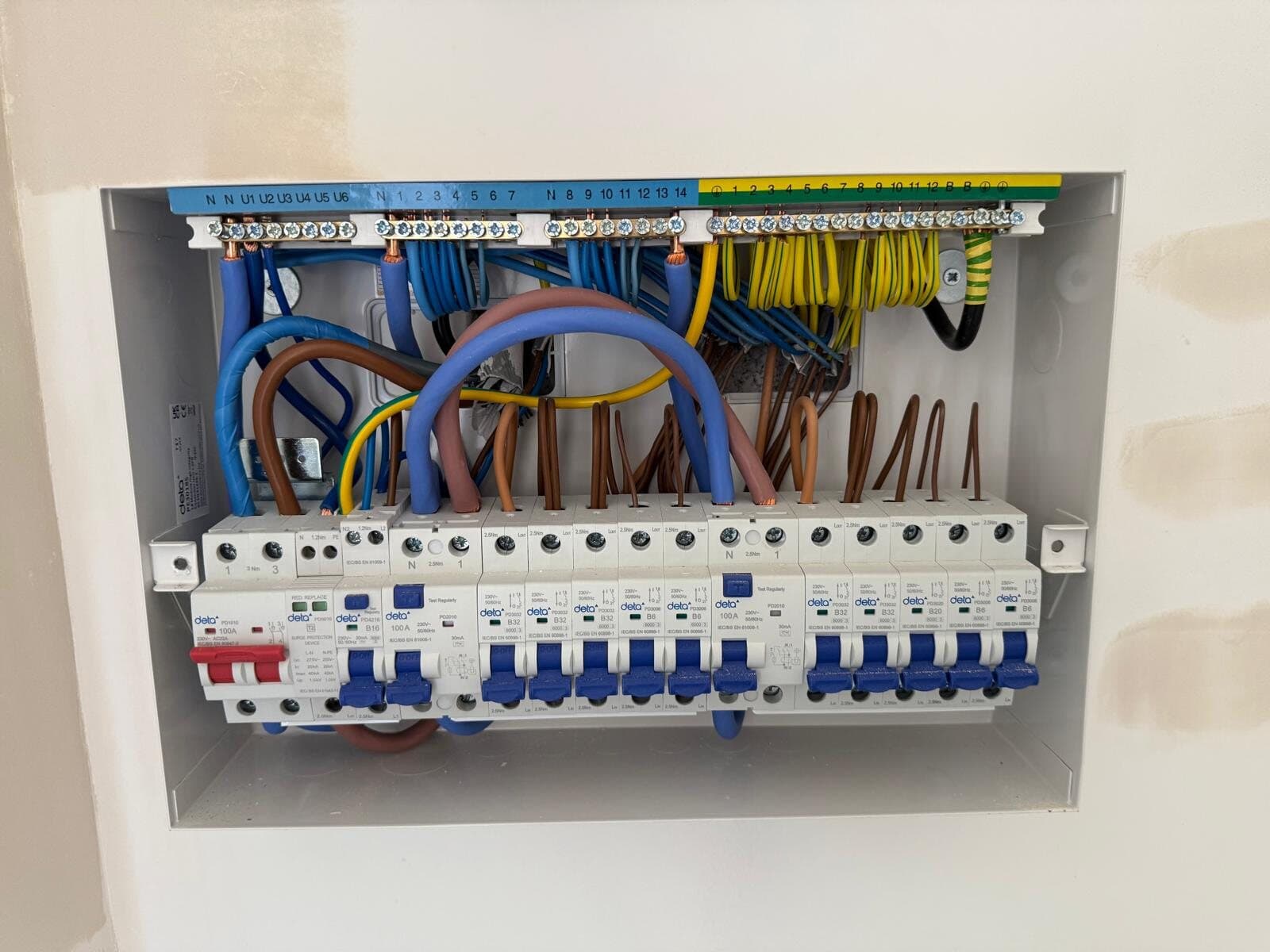 New consumer unit with neat blue and brown wiring